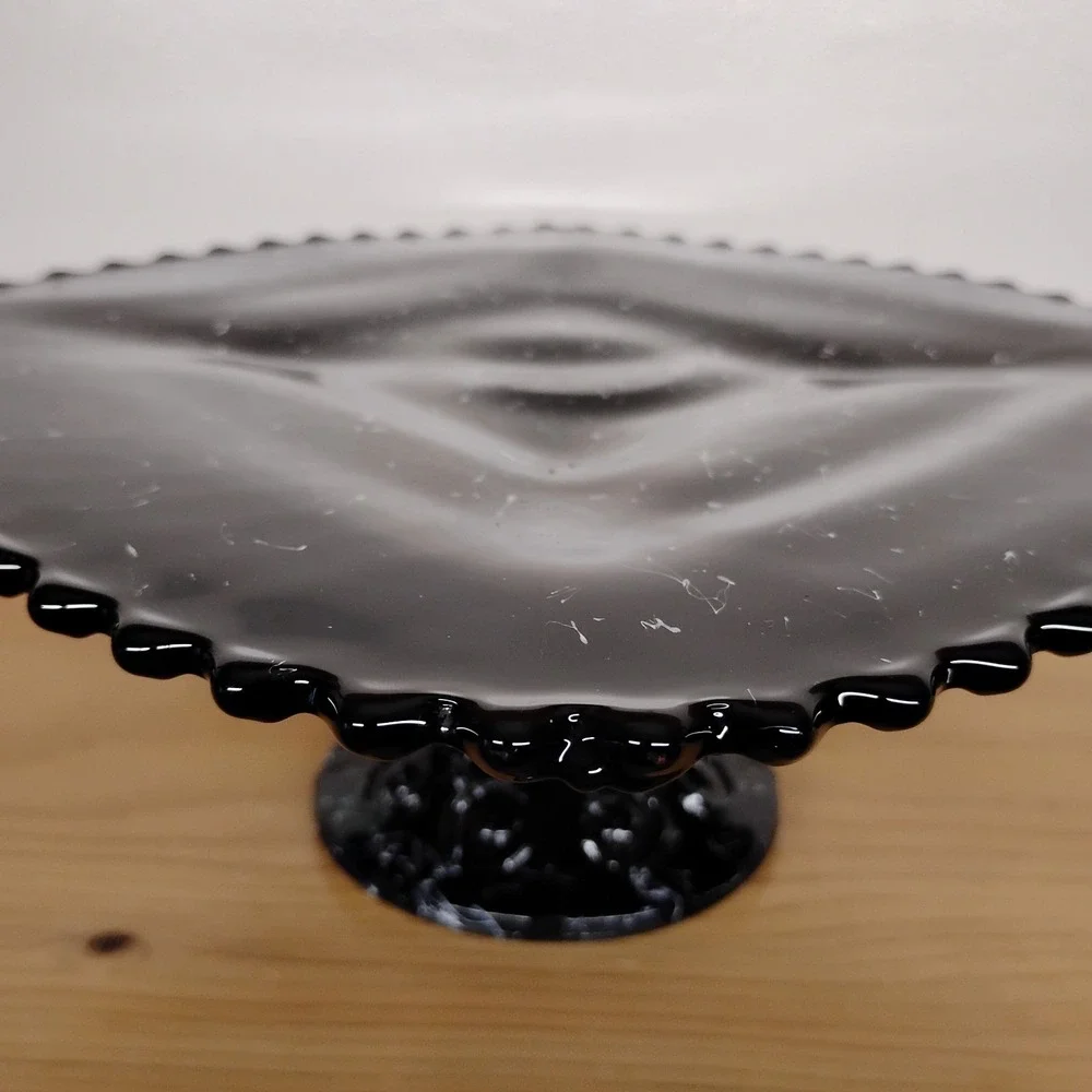 Vintage L E Smith Black Amethyst Glass Square Cake Stand Pedestal‎ White Drizzle